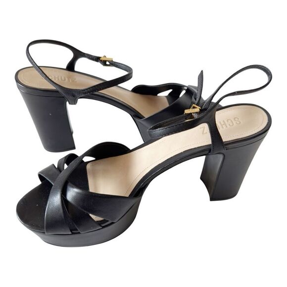 Schutz Women’s Keefa Chunky Leather Black Platform High Heel Sandal Size 11 - Picture 2 of 10
